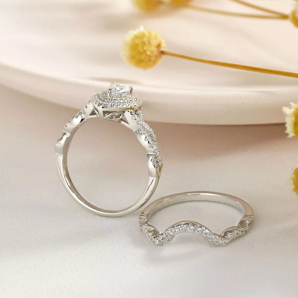 1.2 Carats Pear Shape Halo Silver Ring Set HNS Studio Canada