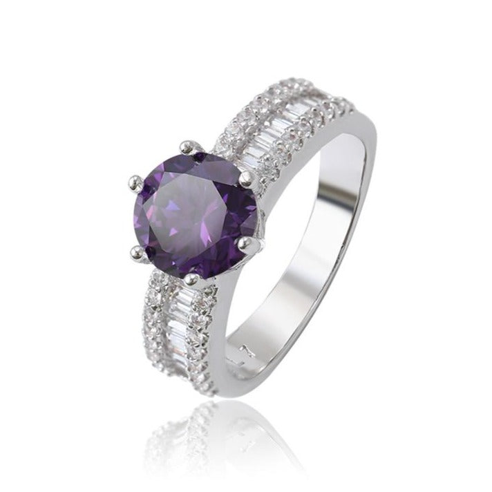 Amethyst CZ Rhodium Ring-Size 7