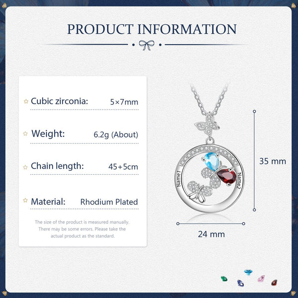 Personalized Butterfly Family Names Necklace with Birthstones