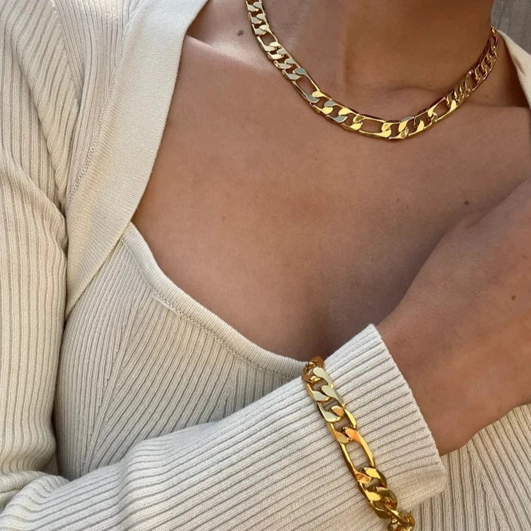 18k Gold Filled Flat Figaro Chain Necklace and Bracelet Set