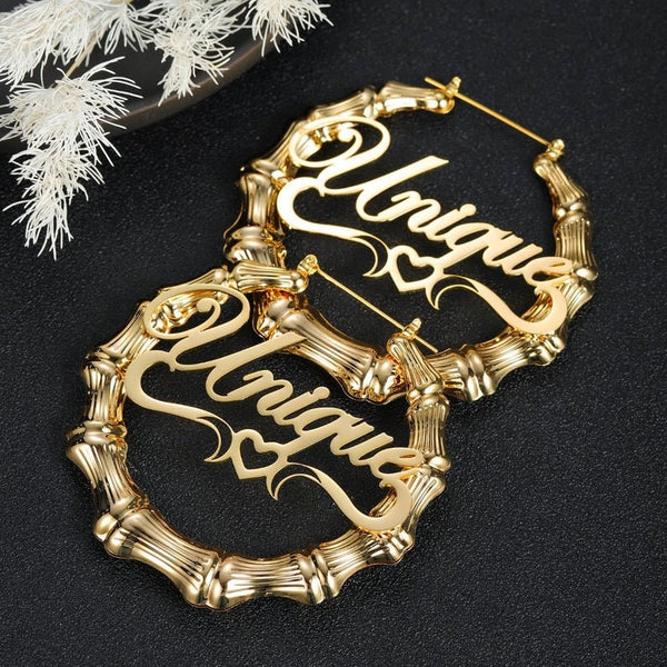 Gold Large Bamboo Name Hoop Earrings with Heart HNS Studio Canada