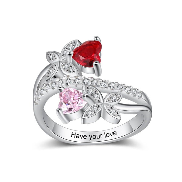 Personalized Butterfly Engraved Ring with 2 Heart Birthstones HNS Studio Canada