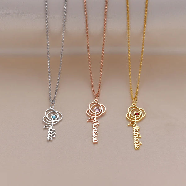 Rose Name necklace with Birthstone
