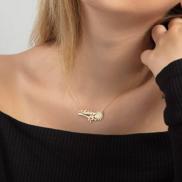 Name Necklace with Daisy Flower HNS Studio Canada