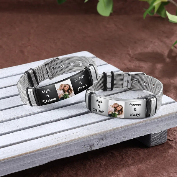 Custom Engraved Photo and Name Bracelet for Men Stainless Steel Adjustable HNS Studio Canada