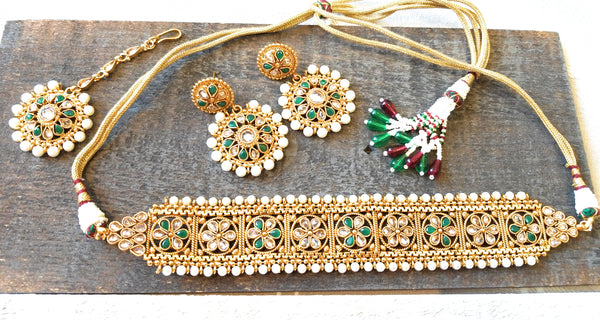 Golden Polki Necklace, Green Tumbled Drop Earrings and Maang Tikka Set - HNS Studio