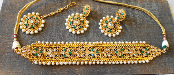 Golden Polki Necklace, Green Tumbled Drop Earrings and Maang Tikka Set - HNS Studio
