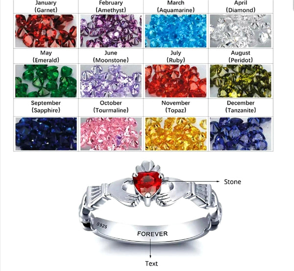 Personalized Sterling Silver Claddagh Ring with Birthstone and Message - HNS Studio
