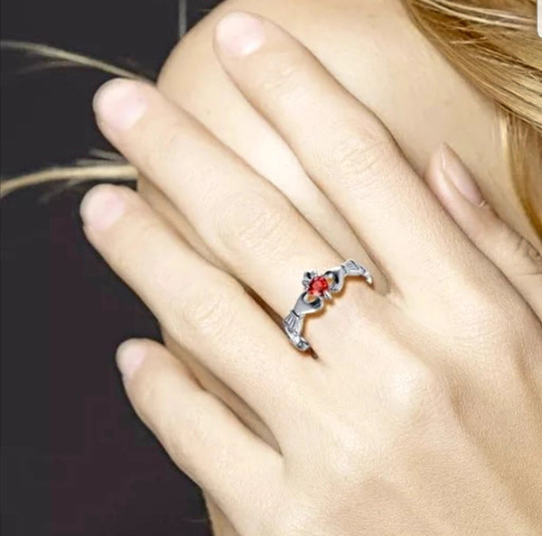 Personalized Sterling Silver Claddagh Ring with Birthstone and Message - HNS Studio