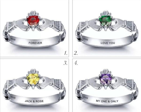 Personalized Sterling Silver Claddagh Ring with Birthstone and Message - HNS Studio
