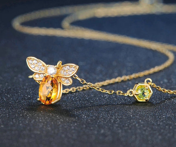 Sterling Silver 14k Gold plated Honey Bee Necklace with Citrine stone - HNS Studio