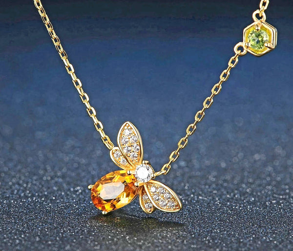 Sterling Silver 14k Gold plated Honey Bee Necklace with Citrine stone - HNS Studio
