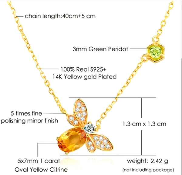 Sterling Silver 14k Gold plated Honey Bee Necklace with Citrine stone - HNS Studio