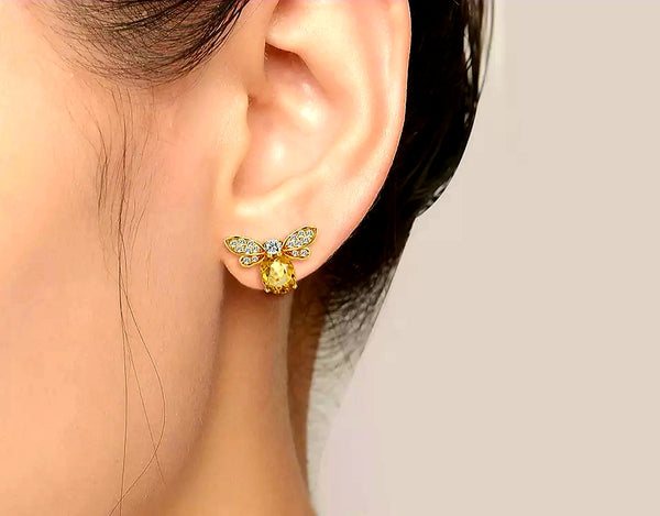 Sterling Silver 14k Gold plated Honey Bee Earrings with Citrine stone - HNS Studio