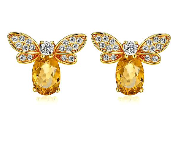 Sterling Silver 14k Gold plated Honey Bee Earrings with Citrine stone - HNS Studio