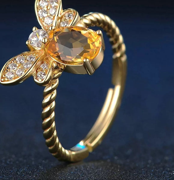 Citrine Sterling Silver 14K Gold plated Honey Bee Ring - HNS Studio