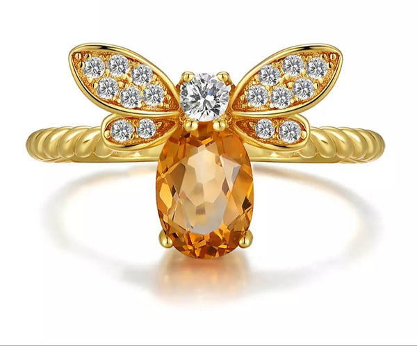 Citrine Sterling Silver 14K Gold plated Honey Bee Ring - HNS Studio