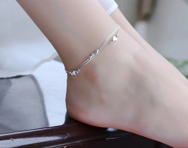 Women Sterling Silver Multilayer Heart Anklet - HNS Studio