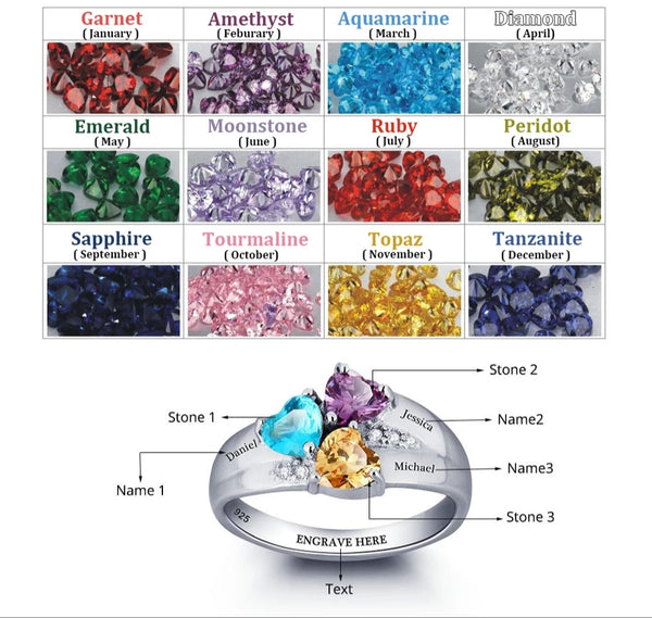 Sterling Silver Heart Family Ring with 3 Names - HNS Studio