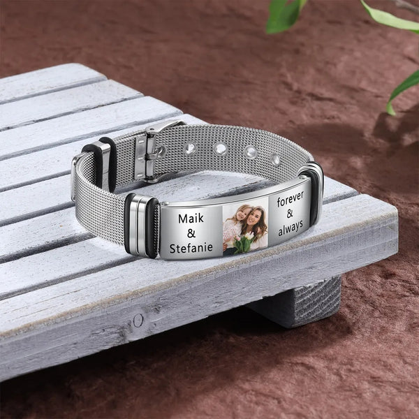 Custom Engraved Photo and Name Bracelet for Men Stainless Steel Adjustable HNS Studio Canada
