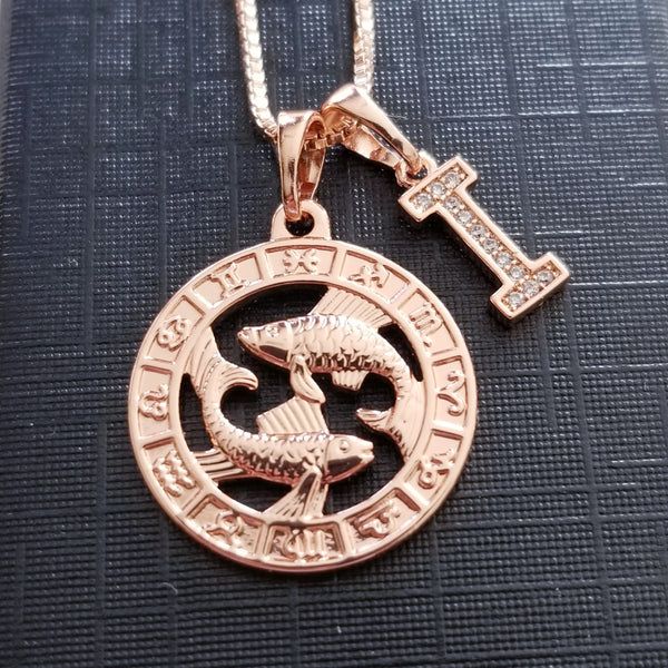 Rose gold Zodiac necklace with Initial HNS Studio Canada