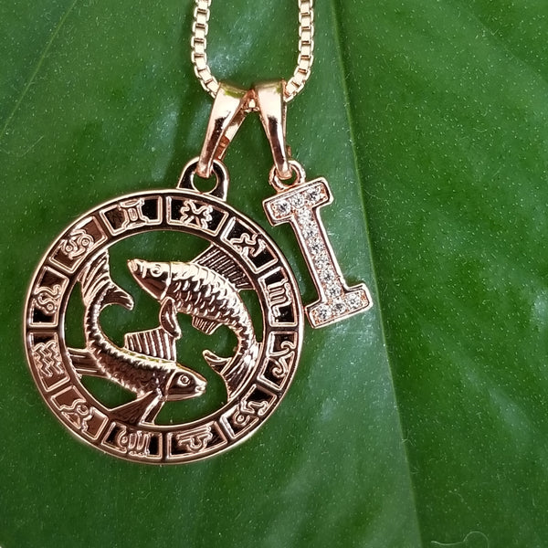 Rose gold Zodiac necklace with Initial HNS Studio Canada