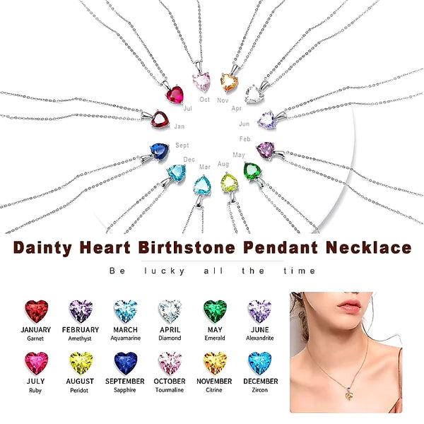 Sterling Silver Heart  Birthstone Pendant Necklace
