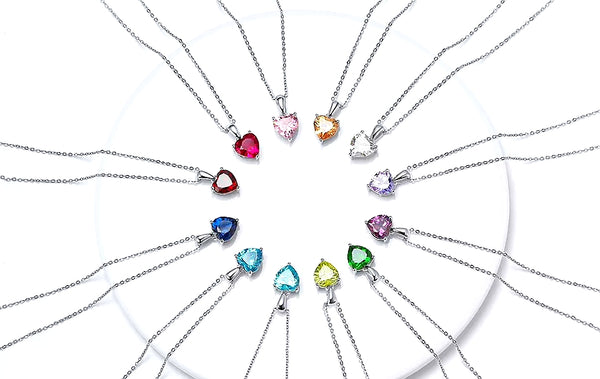 Sterling Silver Heart  Birthstone Pendant Necklace