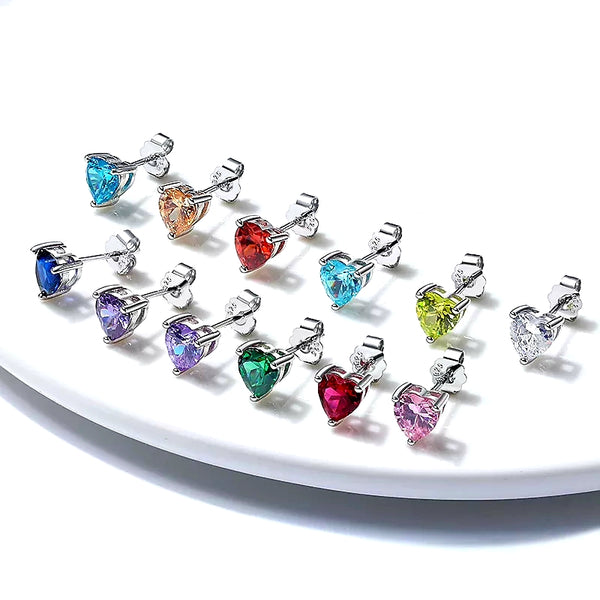 Sterling Silver Birthstone Heart Stud Earrings