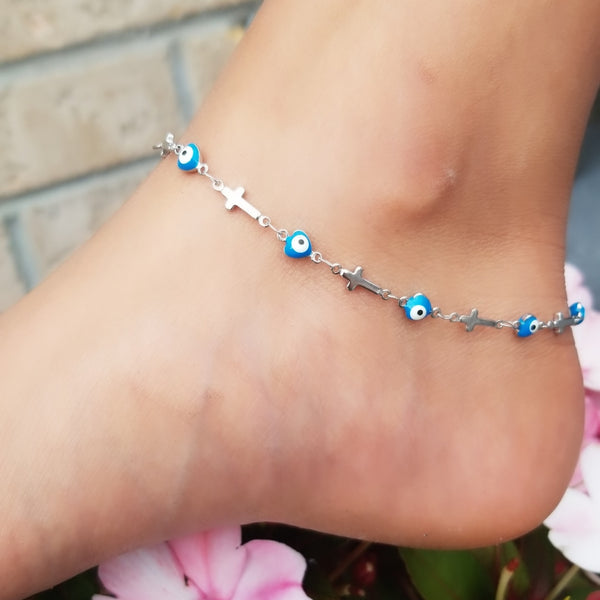 Blue Evil Eye and Cross Anklet HNS Studio Canada