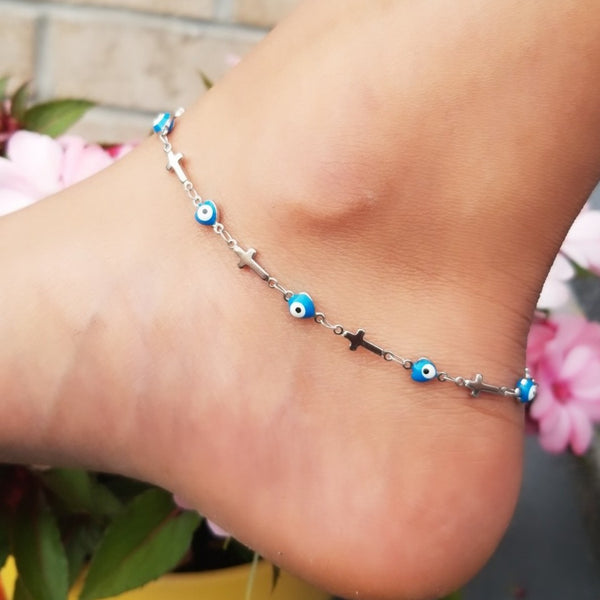 Blue Evil Eye and Cross Anklet HNS Studio Canada