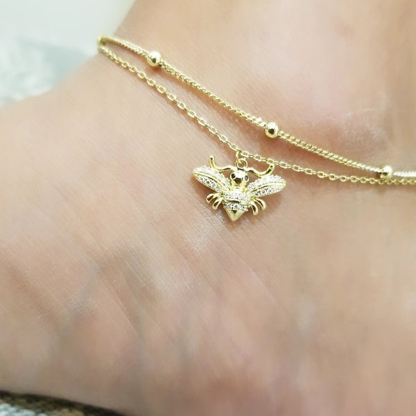 14k Gold Filled Honey Bee Charm Two Layers Anklet HNS Studio Canada