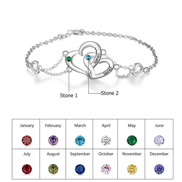 Interlocking Heart Silver Bracelet with Names and Birthstones HNS Studio Canada