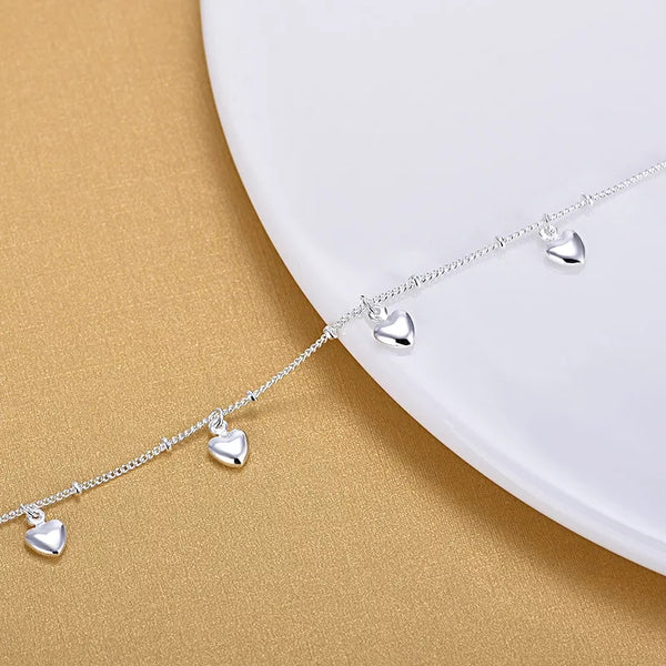 Sterling Silver puffed hanging Hearts Anklet