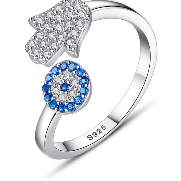 Adjustable Hamsa Hand Evil Eye Sterling Silver Ring