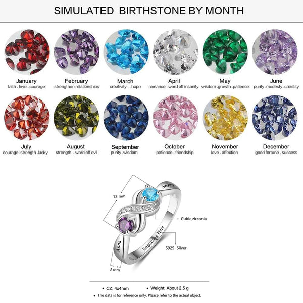 Personalized Infinity Sterling Silver Ring with Birthstones and Names - HNS Studio