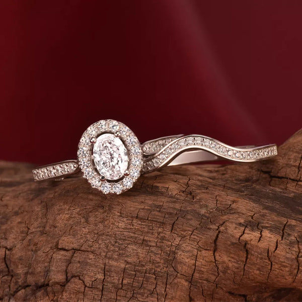 1.2 Carat Oval Shape Halo Silver Ring Set HNS Studio Canada