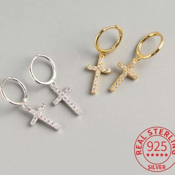 Cubic Zirconia Cross Huggie Hoops
