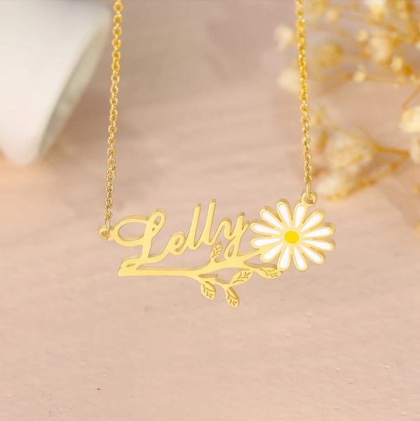Name Necklace with Daisy Flower HNS Studio Canada 