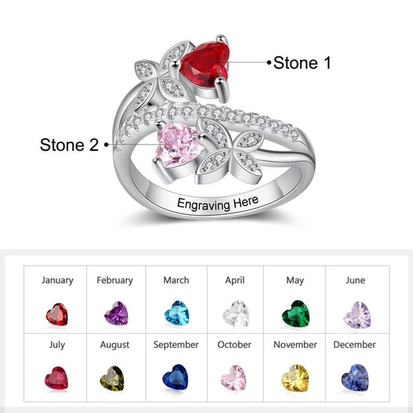Personalized Butterfly Engraved Ring with 2 Heart Birthstones HNS Studio Canada