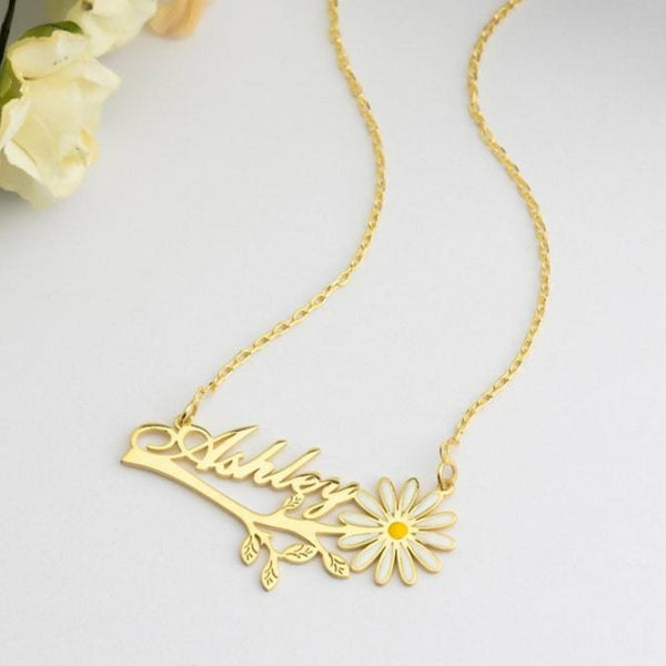 Name Necklace with Daisy Flower HNS Studio Canada