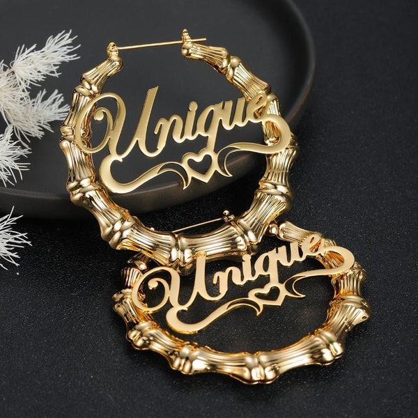 Gold Large Bamboo Name Hoop Earrings with Heart HNS Studio Canada