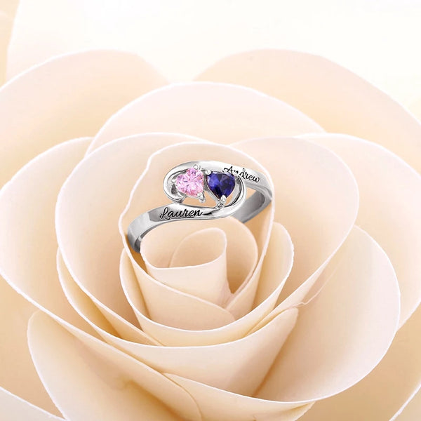 Pair of Hearts Sterling Silver Ring with Birthstones and Names - HNS Studio