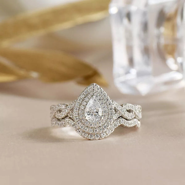 1.2 Carats Pear Shape Halo Silver Ring Set HNS Studio Canada
