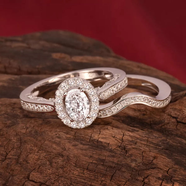 1.2 Carat Oval Shape Halo Silver Ring Set HNS Studio Canada