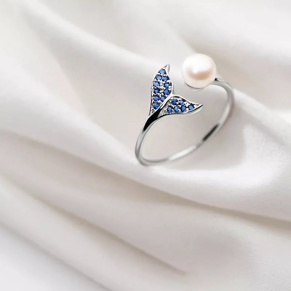 Sterling Silver Mermaid Tail and Pearl Adjustable Ring HNS Studio Canada