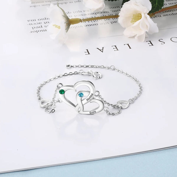 Interlocking Heart Silver Bracelet with Names and Birthstones HNS Studio Canada