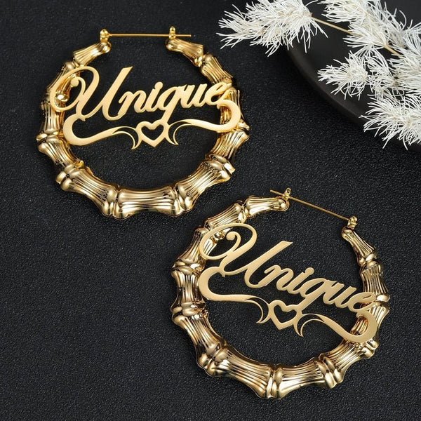 Gold Large Bamboo Name Hoop Earrings with Heart HNS Studio Canada