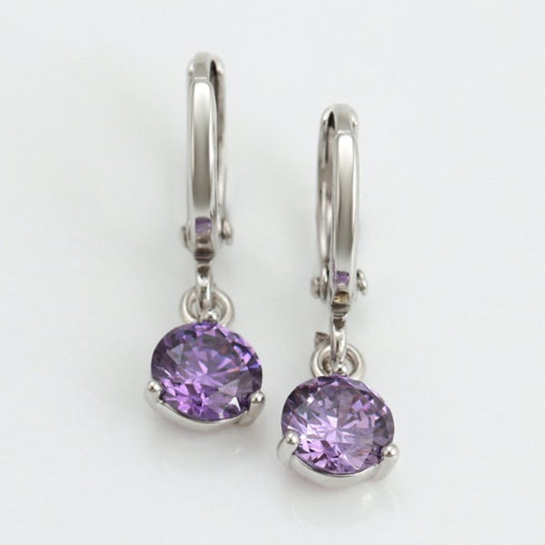 Dangling Amethyst CZ Huggie Hoop Earrings Silver