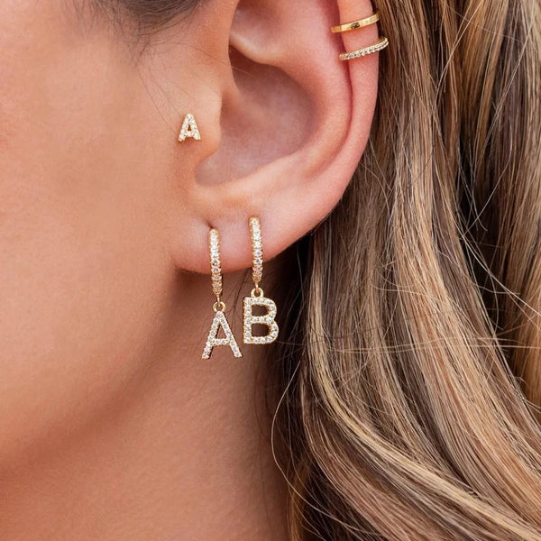 Dainty Pave CZ Initial Letter Huggie Hoop Earrings HNS Studio Canada